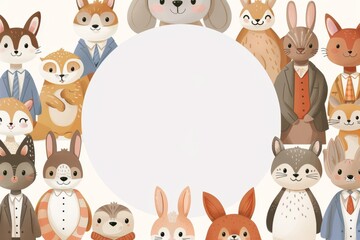 Obraz premium A white circle in the center of an illustration surrounded by cartoon animals wearing business attire.
