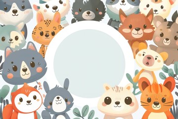 Obraz premium A white circle in the center of an illustration surrounded by cartoon animals wearing business attire.