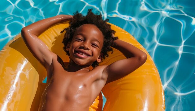 Smiling Black Boy on Orange Float in Pool