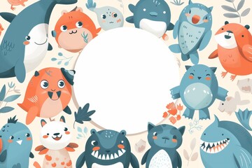 A white circle in the center of an illustration surrounded by cartoon animals wearing business attire.