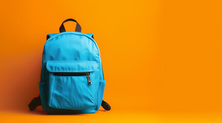 Blue backpack on orange background, front view, mockup template for product presentation, flat lay, copy space concept design, in the style of high resolution photography, studio shot, in the style of