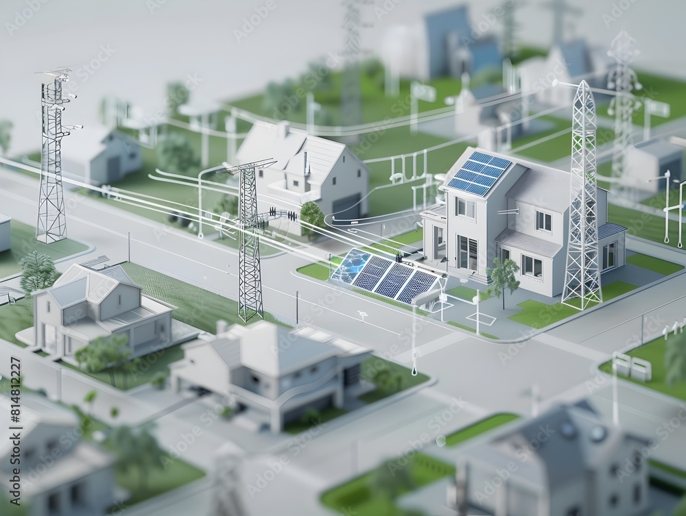 Poster a 3d rendered diagram illustrating the interconnected grid system distributing renewable energy to