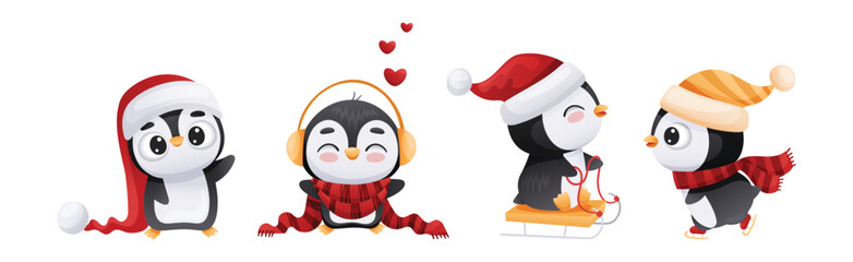 Cute Penguin Character Engaged in Different Activity Vector Set