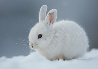 Obraz premium Polar rabbit standing on snow.
