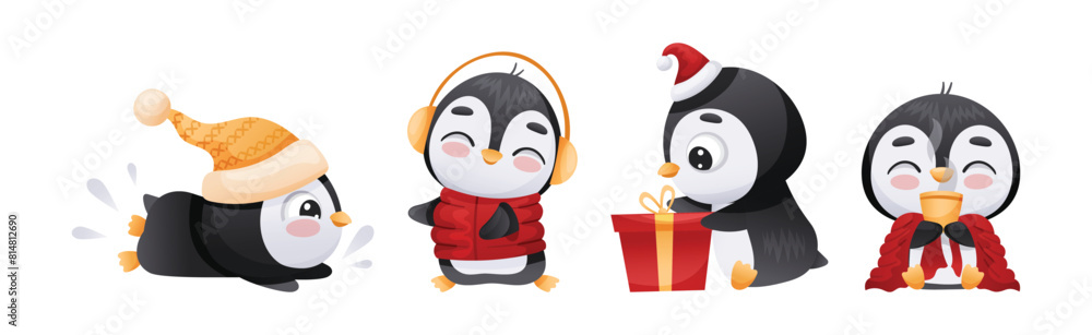 Poster cute penguin character engaged in different activity vector set