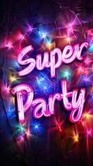 A vibrant neon sign with the words super party in glowing lights against a dark background, radiating a lively and festive atmosphere.