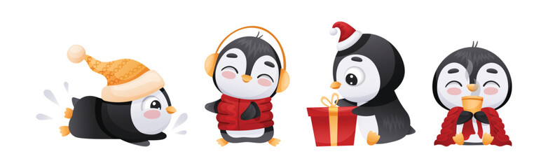 Cute Penguin Character Engaged in Different Activity Vector Set