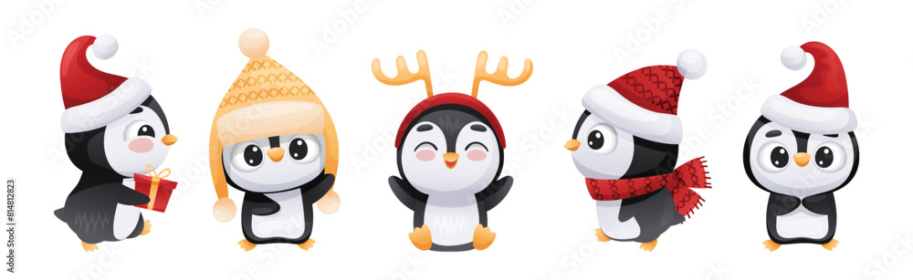 Poster cute penguin character engaged in different activity vector set