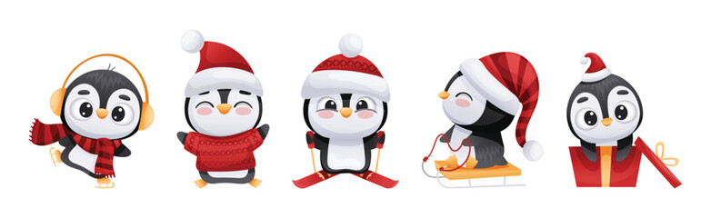 Cute Penguin Character Engaged in Different Activity Vector Set