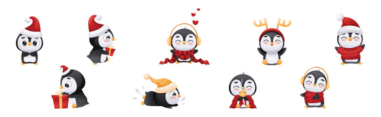Cute Penguin Character Engaged in Different Activity Vector Set