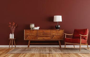 interior design,Modern Living Room with Burgundy Wall Paint, Wood Sideboard, and Armchair 3d renderin