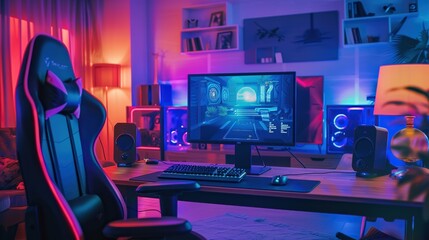 Professional gamer room with powerful PC and comfortable chair in neon colors background