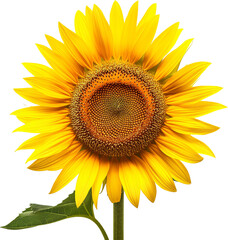 Fototapeta premium A bright yellow sunflower with a green stem and leaves, displaying its round central disk and vibrant petals. 