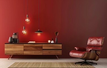 interior design,Modern Living Room with Burgundy Wall Paint, Wood Sideboard, and Armchair 3d renderin