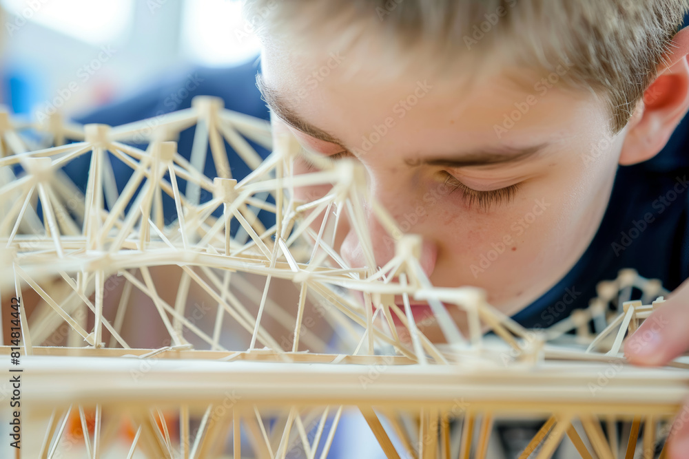 Poster junior engineers designing and building bridges and structures out of everyday materials, learning a
