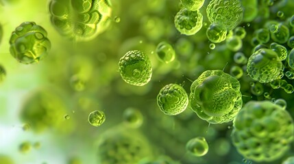 Microscopic view of green algae cells used for biofuel production through photosynthesis