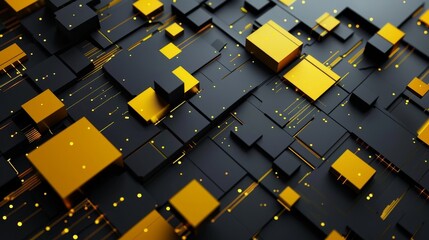 Close-up of yellow and black theme technology background electronic circuit board with components; technology concept