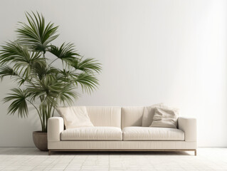 Modern Living Room with White Sofa and Green Tropical Plant, copy space