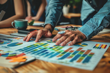 Fototapeta premium Hands business team having a meeting to analyze data graph charts for a marketing plan.