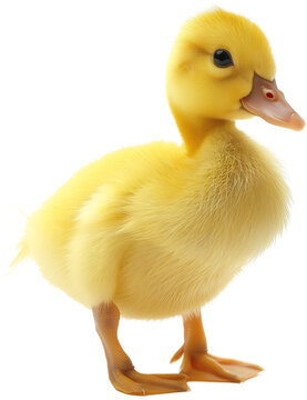A cute yellow duckling standing upright, showing its fluffy feathers and small webbed feet, with a curious and innocent expression.
