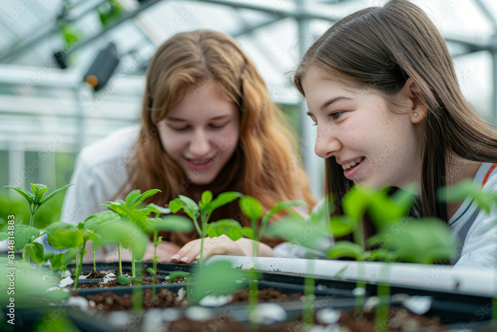 Wall mural Inspired young botanists studying plant growth and development through experiments with seeds and soil in a greenhouse. Concept of botany and plant science. Generative Ai.