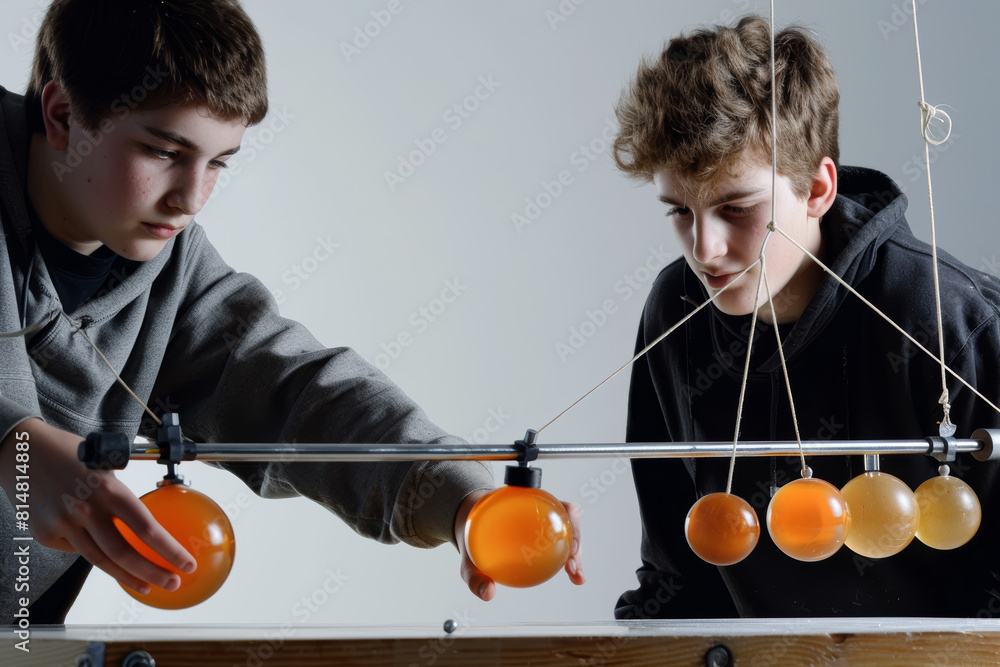 Poster budding physicists conducting experiments with pendulums and inclined planes, exploring the principl