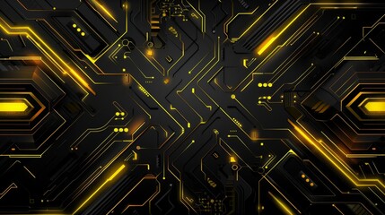 This is an abstract image of a circuit board with a glowing light in the top left corner. colors are black and yellow