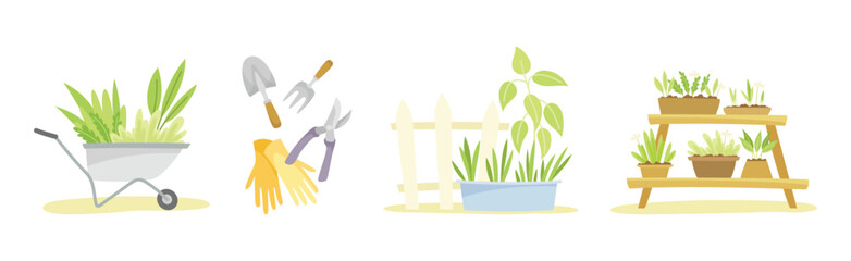 Gardening with Tool and Equipment for Plant Cultivation and Agriculture Vector Set