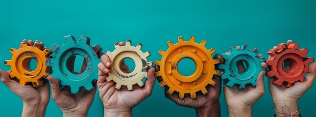 Diverse hands holding colorful gears against a teal background, symbolizing teamwork and innovation