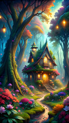 Fototapeta premium Fantasy House Night Glowing Lights View, Dense Forest, Flower and trees Mobile and Desktop Wallpaper