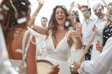 A happy Greek wedding celebration, with guests dancing the traditional syrtaki and smashing plates for good luck. Concept of cultural festivity and matrimonial joy. Generative Ai.