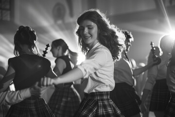 A group of Scottish friends dancing at a ceilidh, twirling to the sounds of bagpipes and fiddles in celebration of their heritage. Concept of cultural festivity and communal joy. Generative Ai.