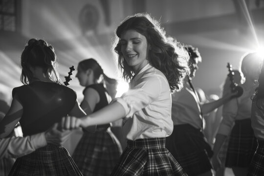 A group of Scottish friends dancing at a ceilidh, twirling to the sounds of bagpipes and fiddles in celebration of their heritage. Concept of cultural festivity and communal joy. Generative Ai.