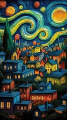 Fototapeta premium a painting of a town with a river and a colorful sky with a tree in the middle.