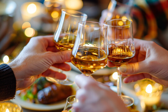 A group of Scottish friends enjoying a traditional Burns Supper, reciting poetry and toasting to the haggis with a dram of whisky. Concept of cultural tradition and conviviality. Generative Ai.