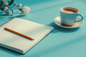 High-angle shot, desk table with pencil, notebook, coffee cup, Space on the left side