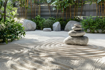 A tranquil Zen garden meticulously arranged with raked sand, serene meditation stones, and minimalist greenery, offering a peaceful sanctuary for reflection, mindfulness, and inner harmony.