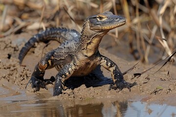 Obraz premium Nile Monitor: Hunting along riverbank with long tail and sharp claws, depicting behavior.
