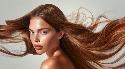 A beautiful caucasian woman showcasing long, smooth, and shiny caramel hair, advertising for hair dye products, hair care, white solid color background, copy space.