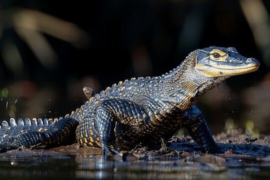 Nile Monitor: Hunting along riverbank with long tail and sharp claws, depicting behavior.