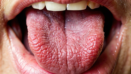 Closeup of a human tongue, showcasing its texture and taste buds