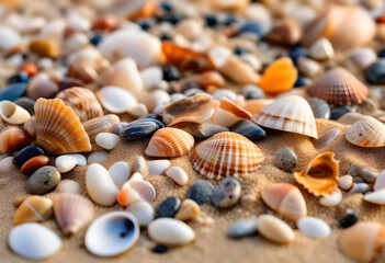 A close-up of beach sand with sea shells and small stones, with a beautiful sunset in the background