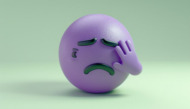 Naklejki A minimalist 3D  of a single purple emoji with a facepalm gesture, on a light green background.