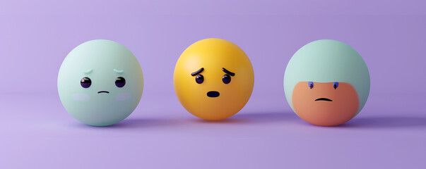 Fototapeta premium A minimalist 3D of three emojis: a yellow mischievous, a mint relieved, and a peach embarrassed emoji, all on a solid violet background.