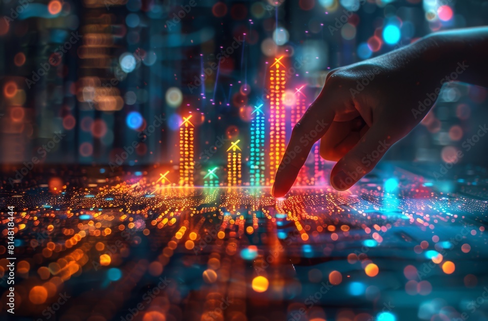 Aufkleber futuristic technology concept with a hand pointing at colorful upward arrows on a digital interface