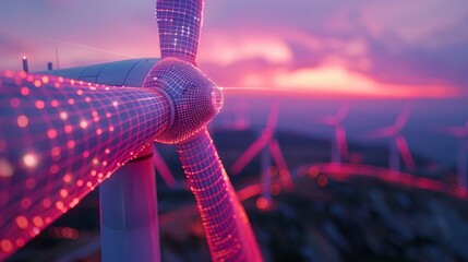 Wind turbine with digital wireframe hologram in futuristic concept, set against a beautiful sunset backdrop.