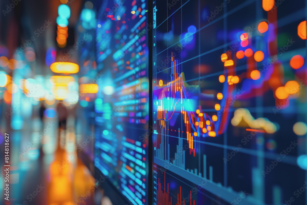 Poster screenshots of interactive quizzes or stock market graphs showing progress and success