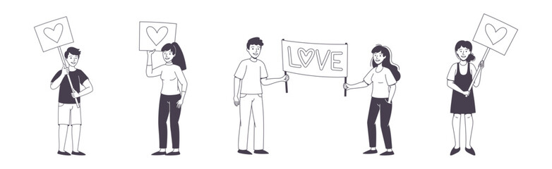 People Character Partaking in Demonstration for Love and Peace with Placard Vector Set