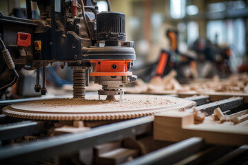 CNC milling machine cutting wood in factory. Small depth of field. Copy space