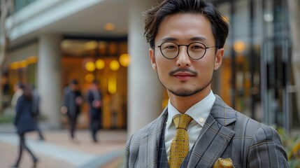 Fototapeta premium Portrait of a handsome Asian businessman in a suit with a yellow tie standing in an office, looking at the camera isolated on a blurred background.